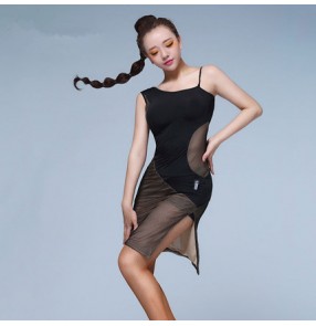 Black leopard see through side split tank sleeveless women's ladies female sexy fashionable latin salsa cha cha dance dresses outfits